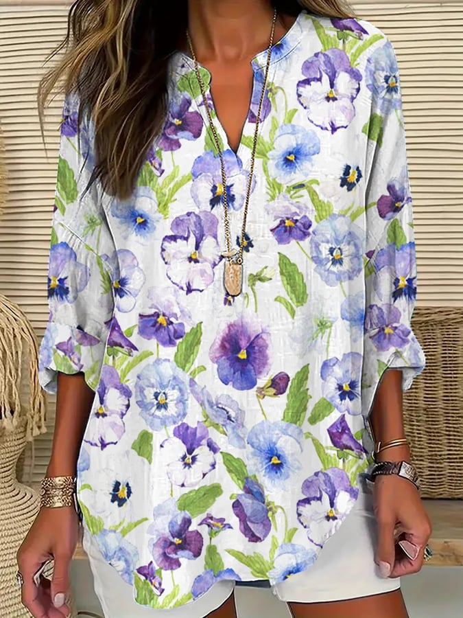 Women's Alzheimer's Awareness Purple Floral Cotton and Linen Shirt