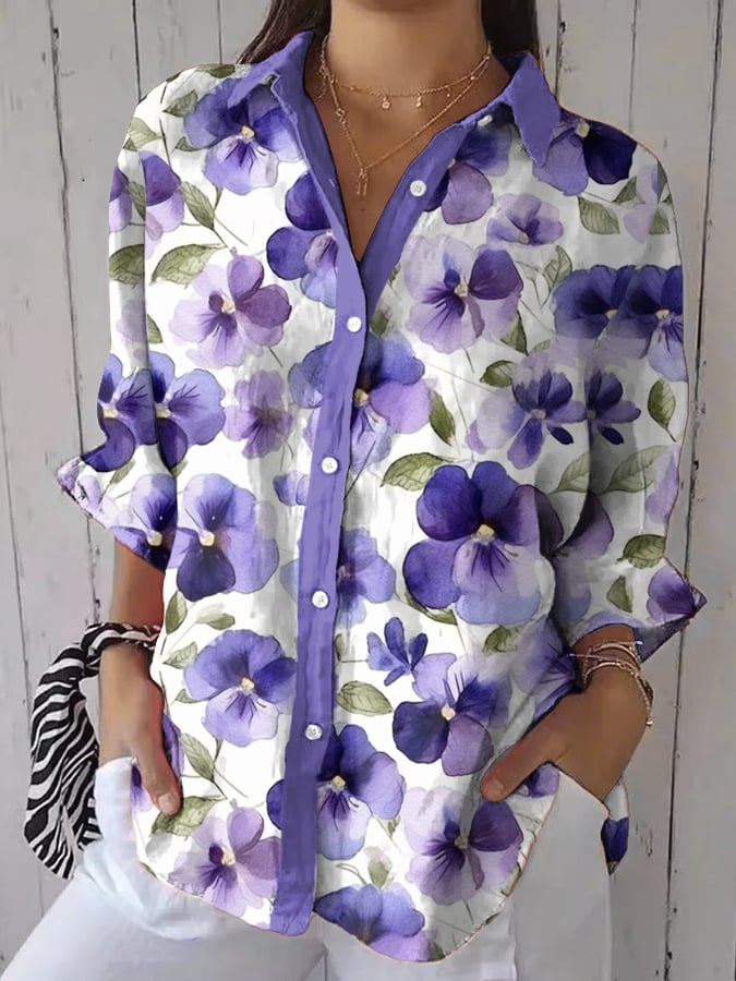 Women's Purple Floral Art Print Lapel Shirt