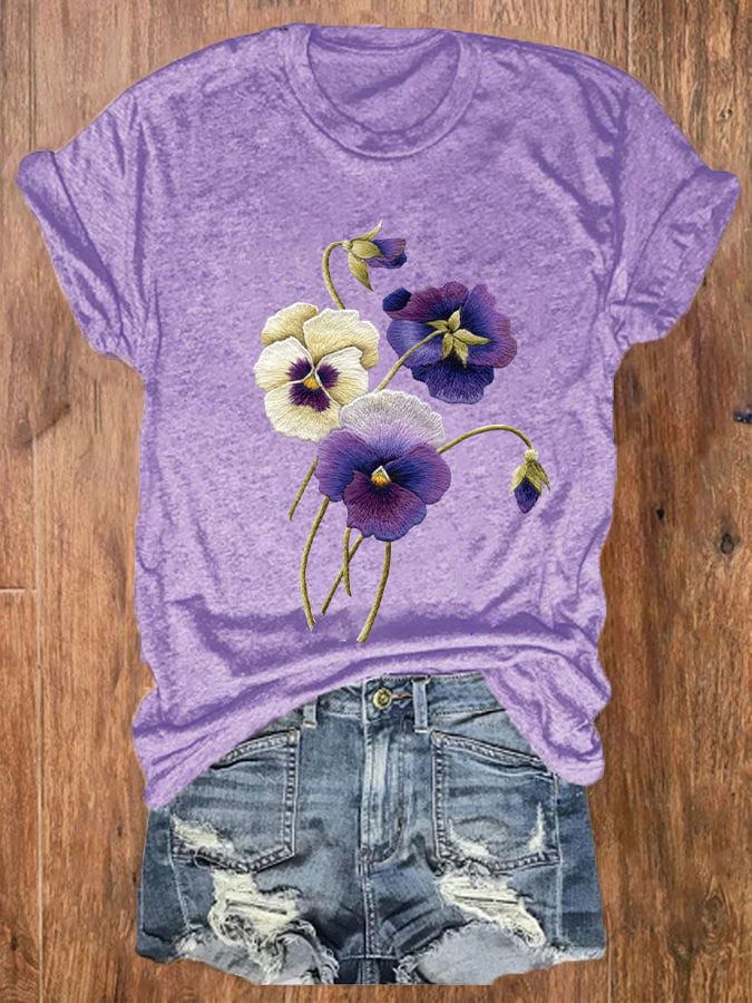 Women's Alzheimer's Awareness Purple Floral Print Crew Neck T-Shirt