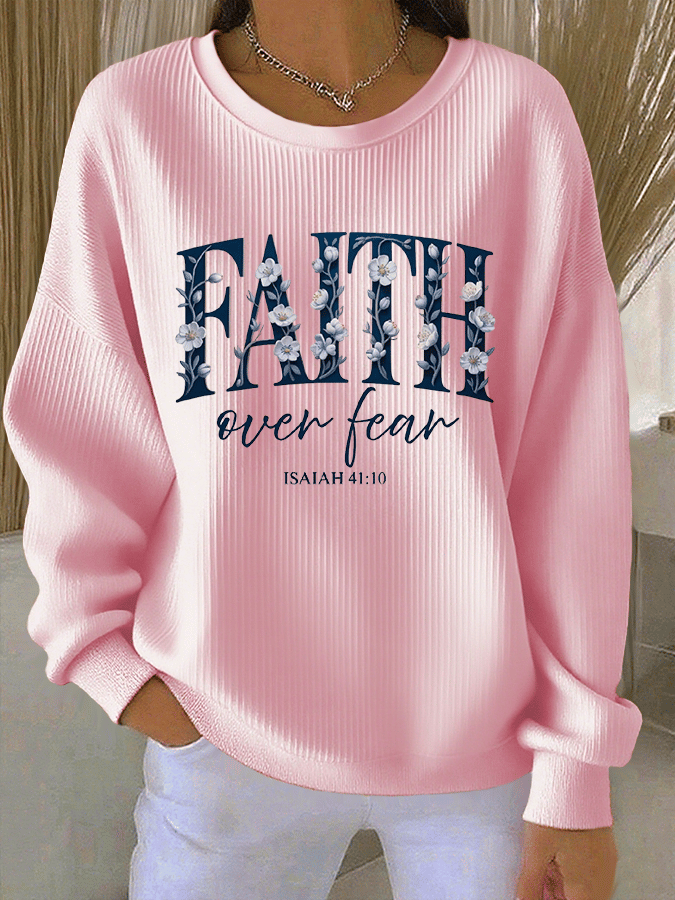 Women's Faith Print Knit Crew Neck Long Sleeve Top