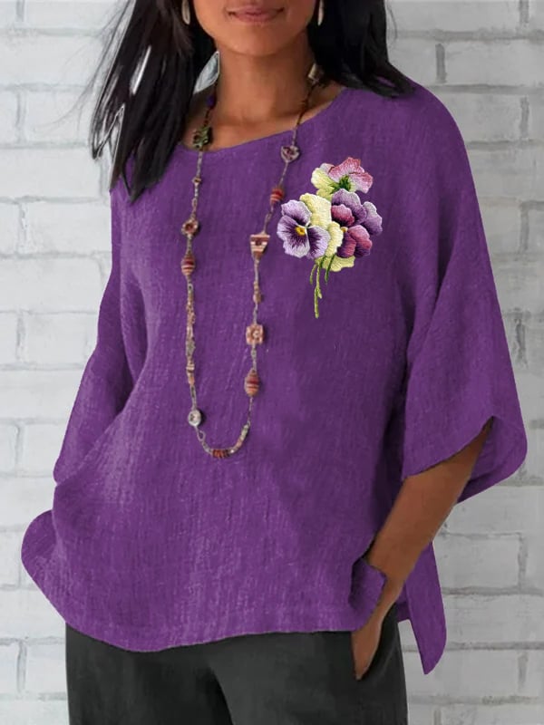 Women's Round Neck Purple Floral Print Round Neck Loose Shirt