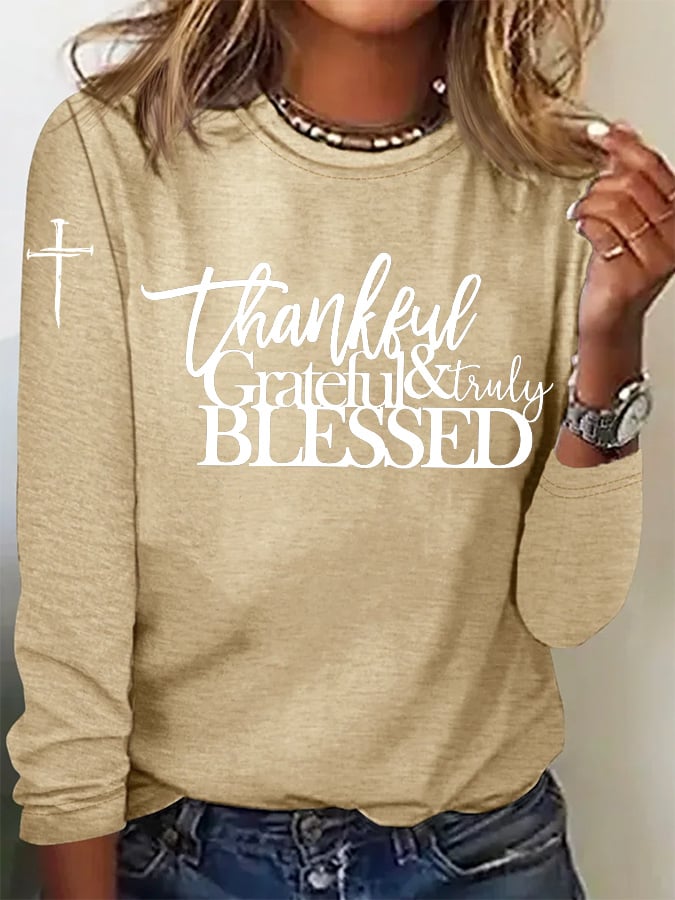Women's casual retro Grateful Thankful Blessed long-sleeved T-shirt
