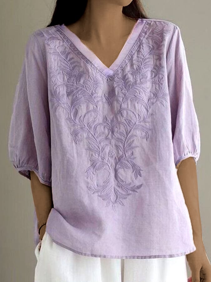 Women's Casual Retro Embroidered Cotton And Linen Shirt