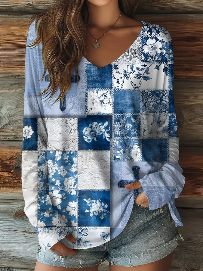 Women's Floral Art Faith Print Casual V-Neck Long Sleeve T-Shirt
