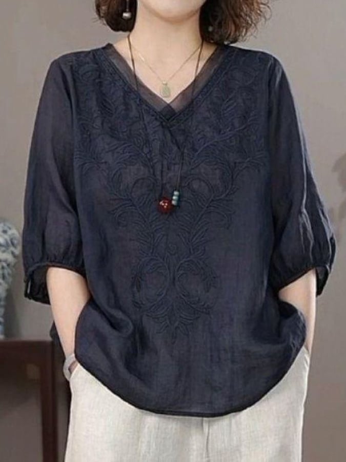 Women's Casual Retro Embroidered Cotton And Linen Shirt