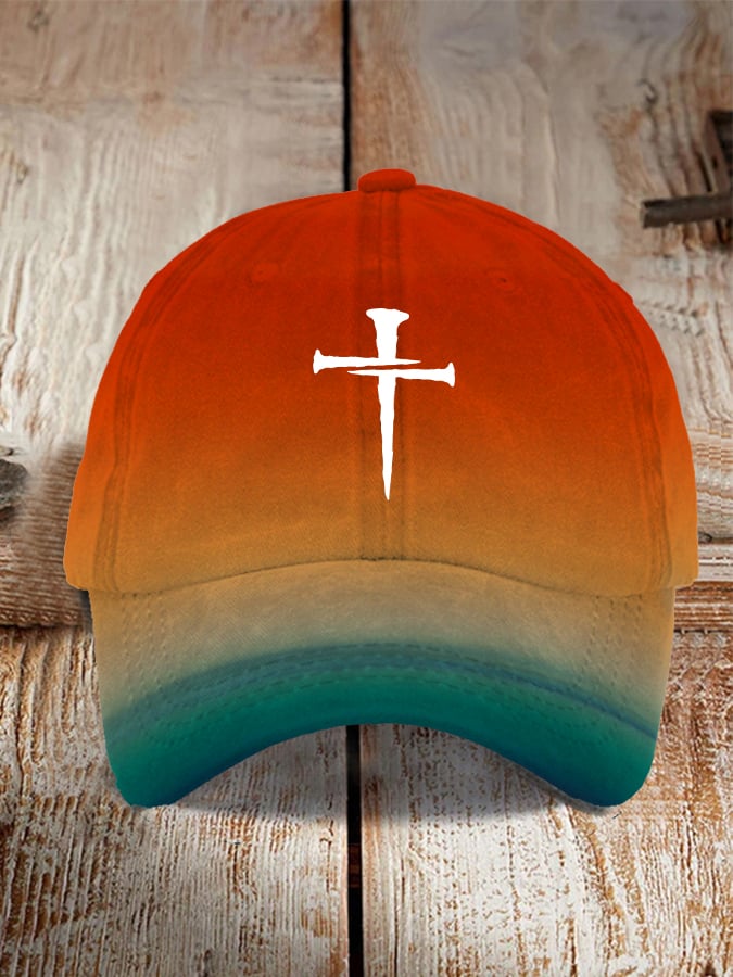 Unisex Distressed Washed Retro Gradient Design Faith Cross Print Hat