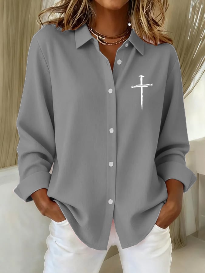 Women's Vintage Faith Cross Print Casual Shirt