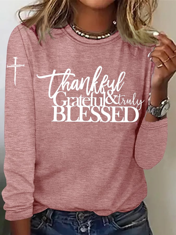 Women's casual retro Grateful Thankful Blessed long-sleeved T-shirt