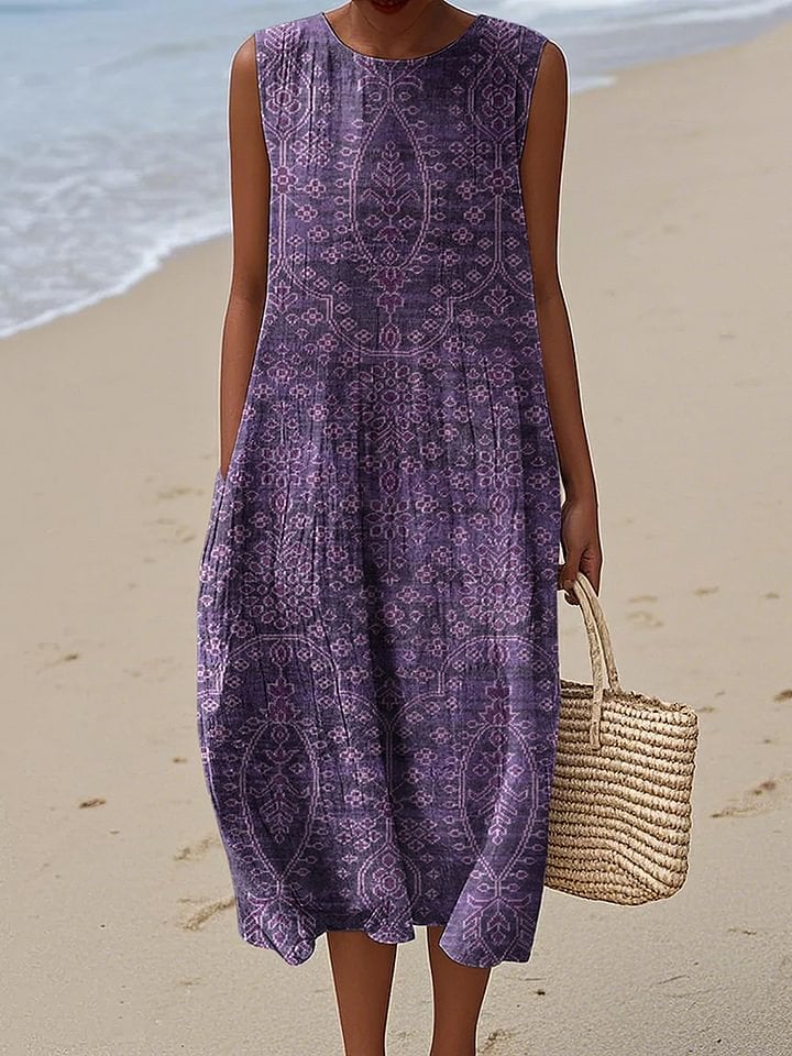 Women's Casual Retro Purple Art Cotton And Linen Round Neck Vest Dress