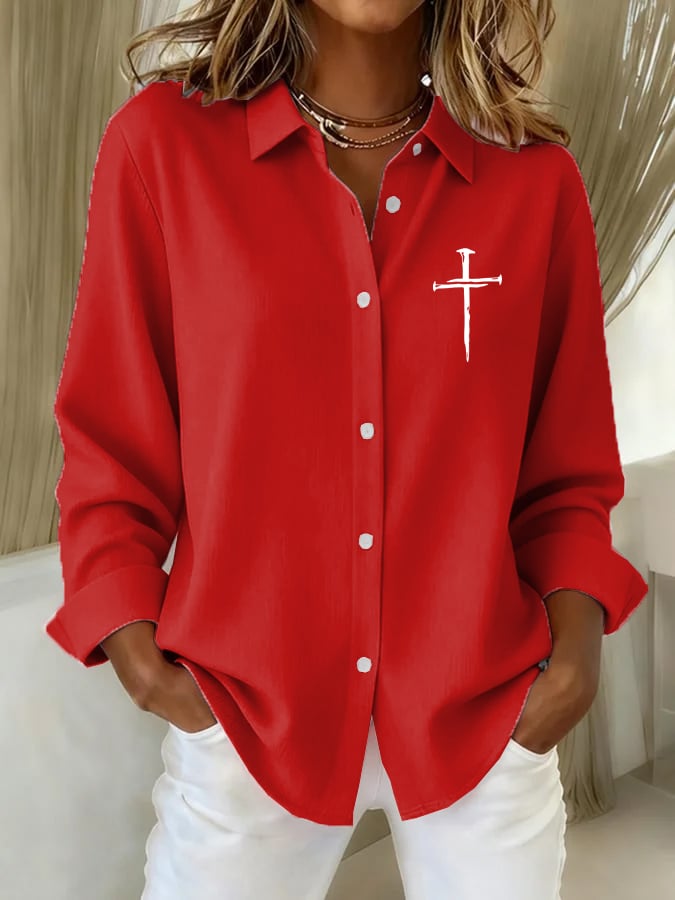 Women's Vintage Faith Cross Print Casual Shirt