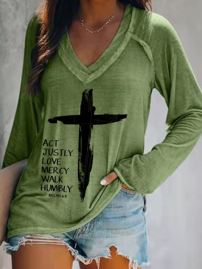 Women's Act Justly Love Mercy Walk Humbly-Micah 6:8 Cross Print V-neck T-shirt
