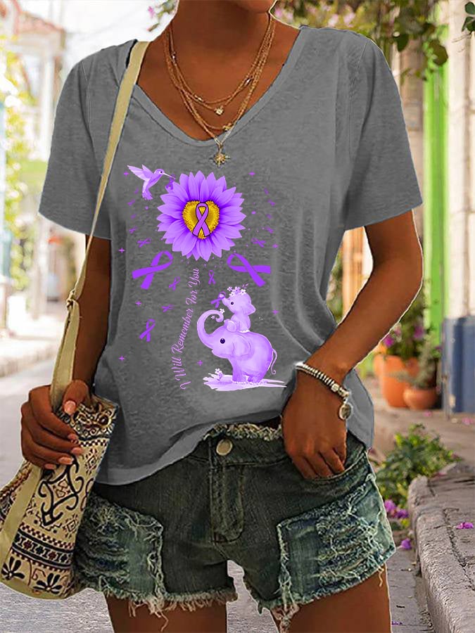 Women's I Will Remember For You Elephant Flower Alzheimers Awareness  Printed V-Neck T-Shirt