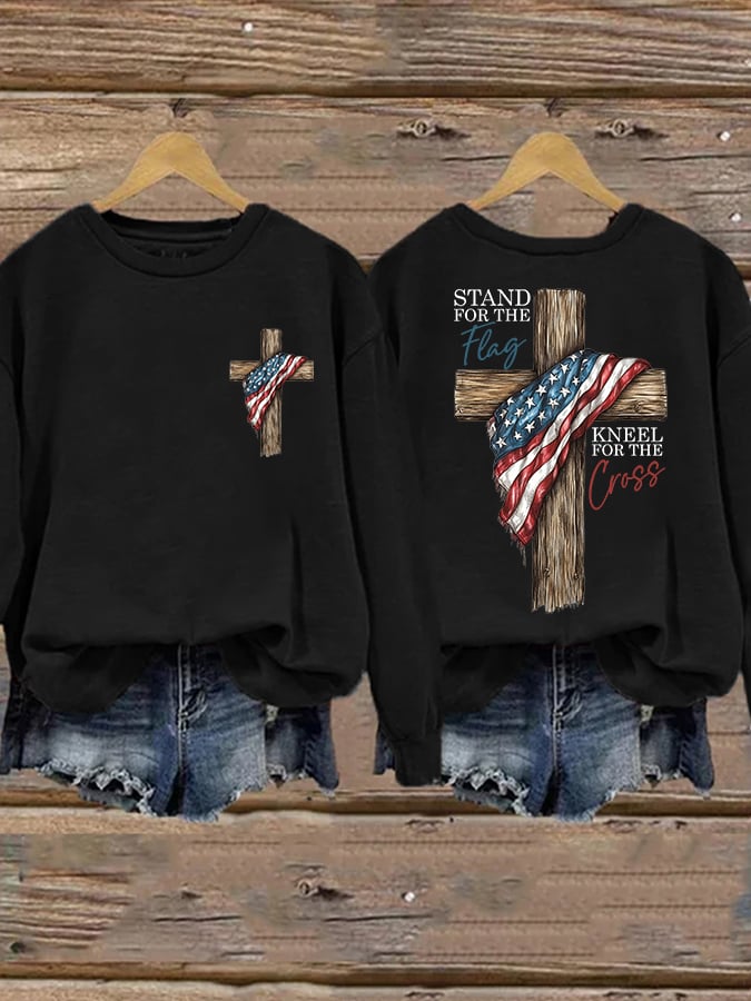 Women's Faith Stand for the Flag, Kneel for the Cross Printed Crew Neck Sweatshirt