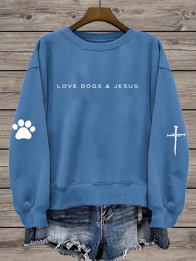 Women's Love Dog and Jesus Print Round Neck Sweatshirt