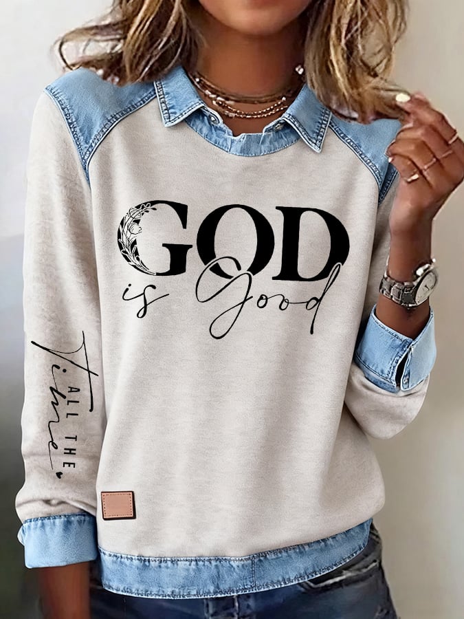 Women's Casual Faith Print Lapel Long Sleeve Top