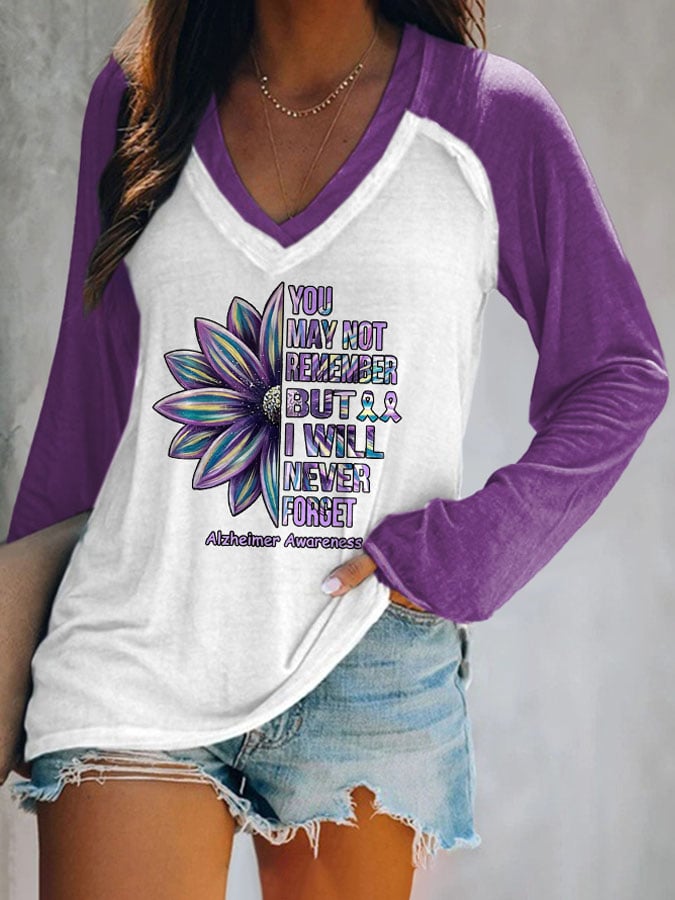 V-neck Retro Alzheimer's Awareness You May Not Remember But I Will Never Forget Print T-Shirt