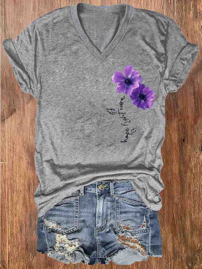 Women's Pansy Hope Fight Cure Dementia Alzheimer's Printed V-Neck T-Shirt