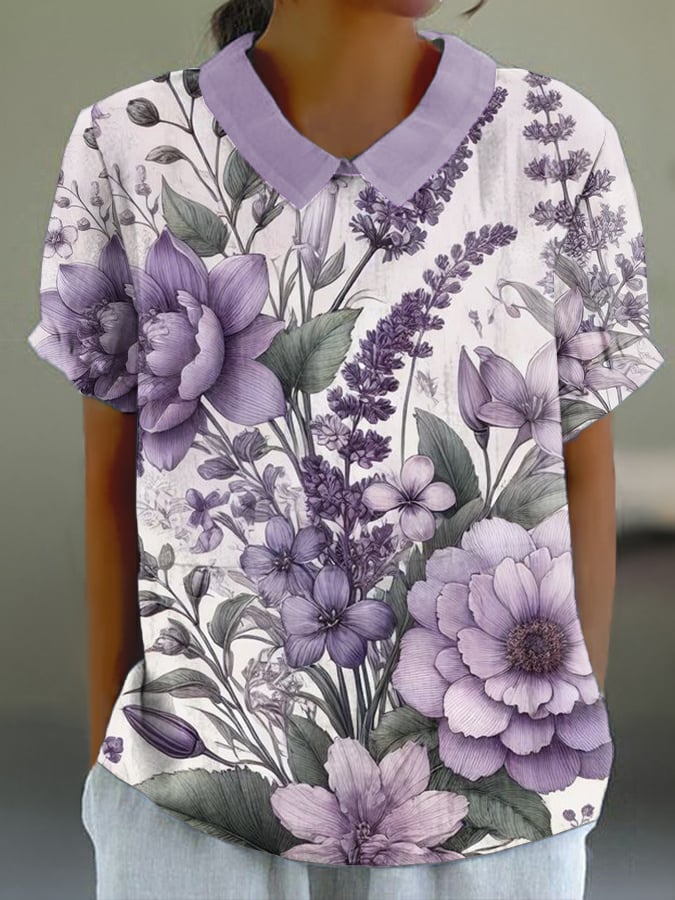 Women's Alzheimer's Awareness Flowers Print Casual Lapel T-Shirt