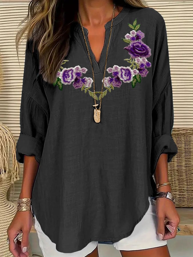 Women's Alzheimer's Awareness Purple Floral Cotton and Linen Shirt