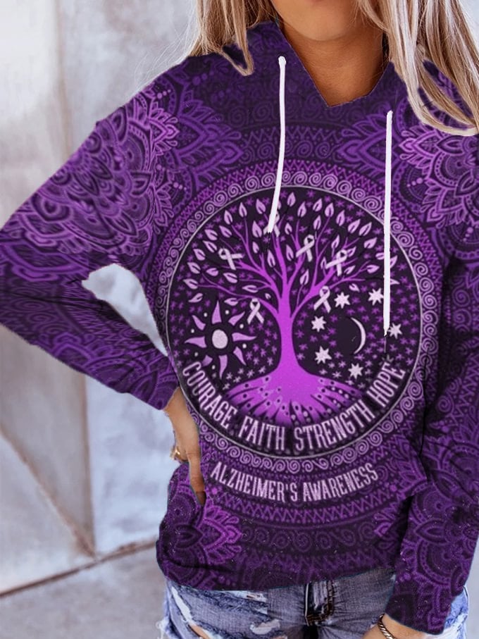 Women's Courage Faith Strengh Hope Tree of Life Dementia Alzheimer's Disease Awareness Printed Hooded Sweatshirt