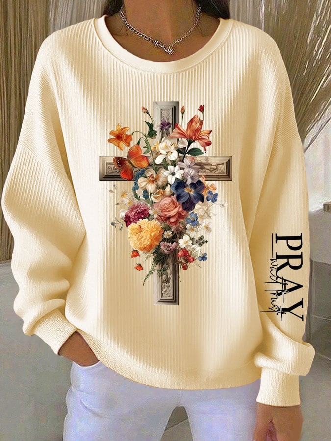 Women's Faith Cross Pray Wait Trust Printed Crew Neck Long Sleeve Top