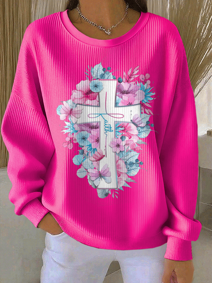 Women's Faith Print Knit Crew Neck Long Sleeve Top