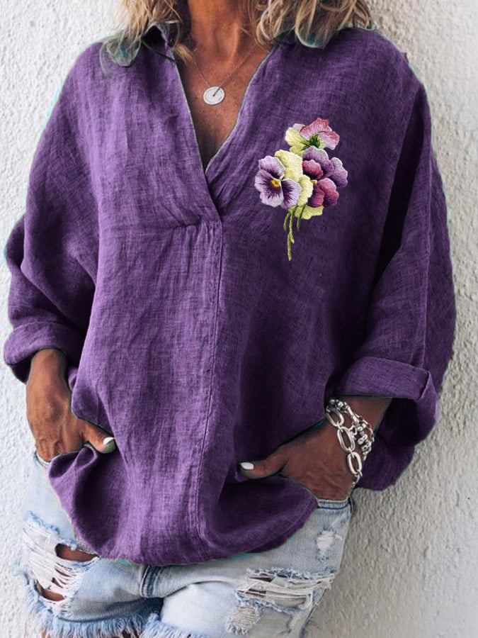 Women's Cotton And Linen Purple Floral V-Neck Top