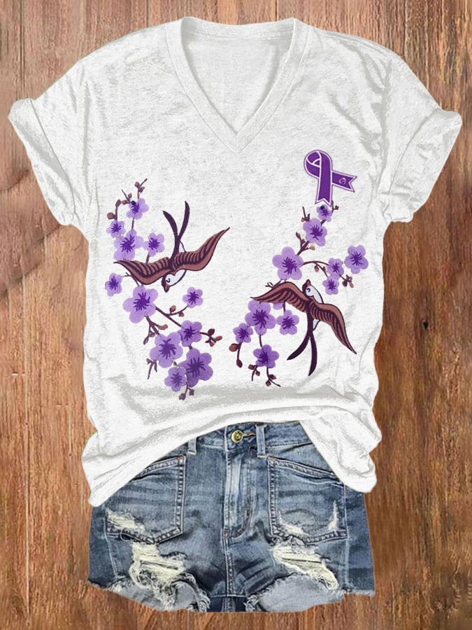 Women's Purple Alzheimer Awareness Flowers Print T-shirt