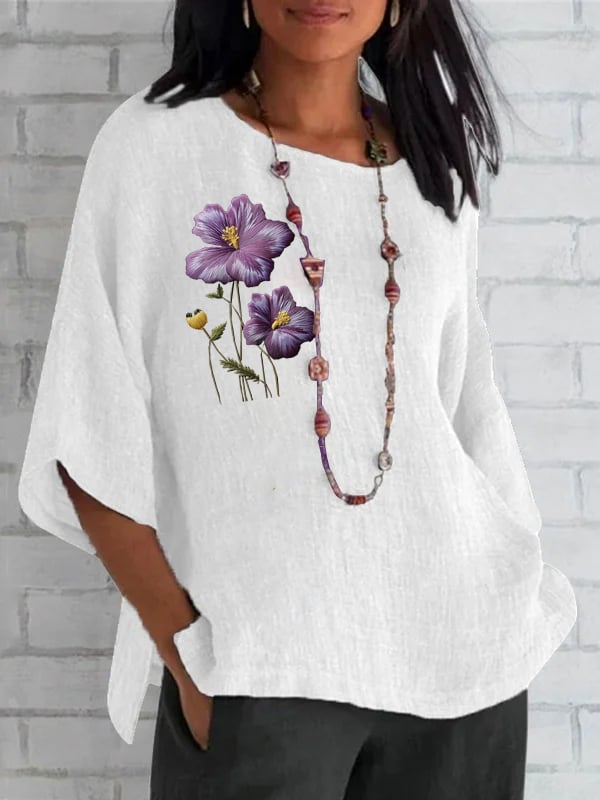 Women's Round Neck Purple Floral Print Round Neck Loose Shirt
