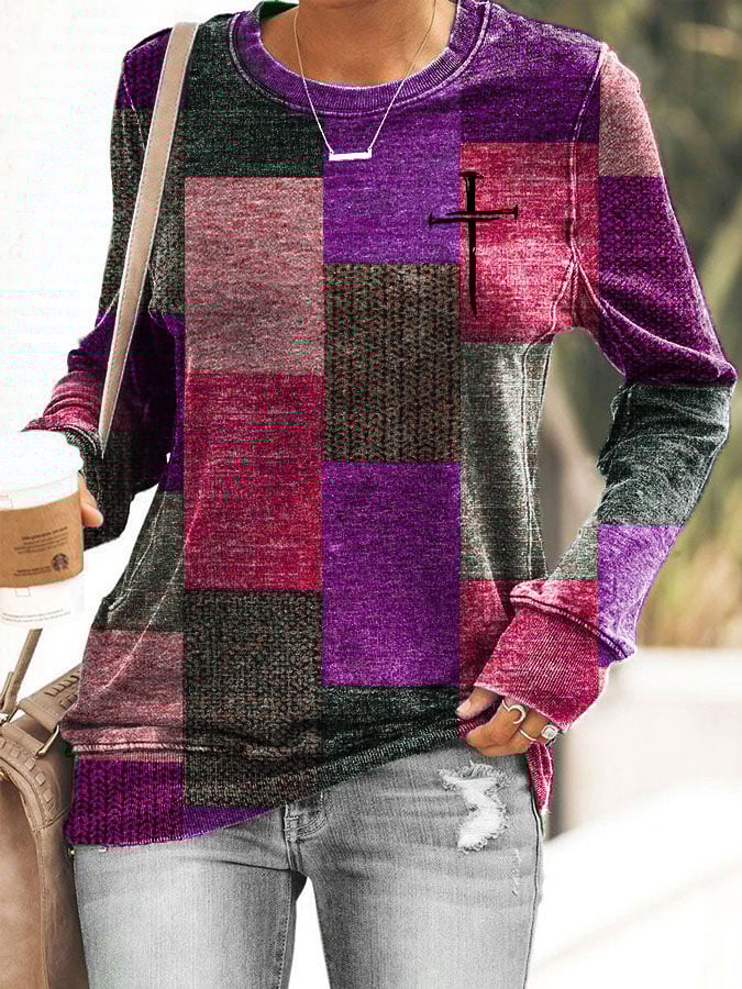 Women's Casual Autumn And Winter Retro Color Block Contrast Faith Sweatshirt