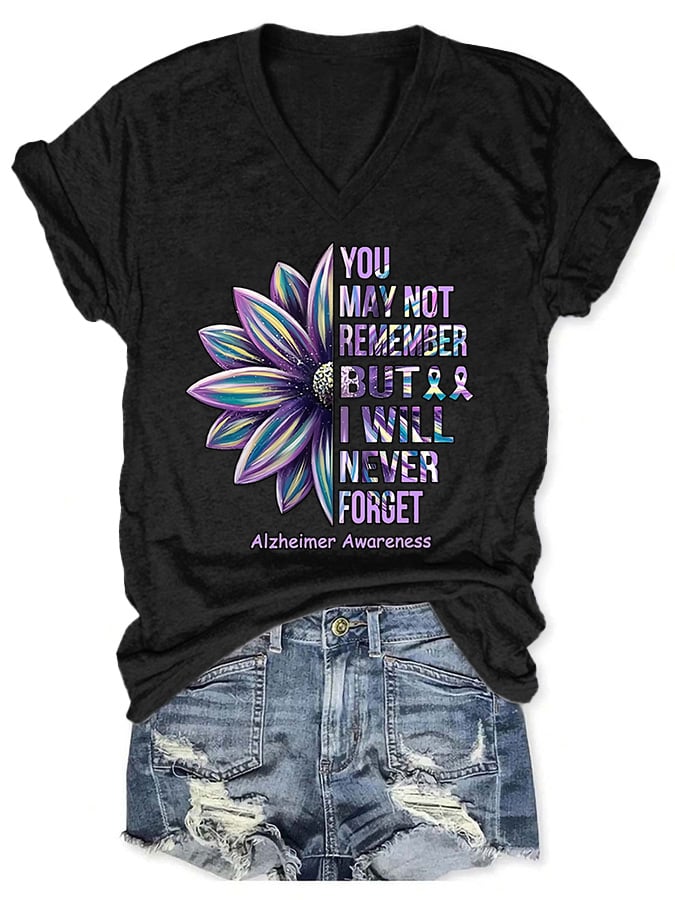 V-neck Retro Alzheimer's Awareness You May Not Remember But I Will Never Forget T-Shirt