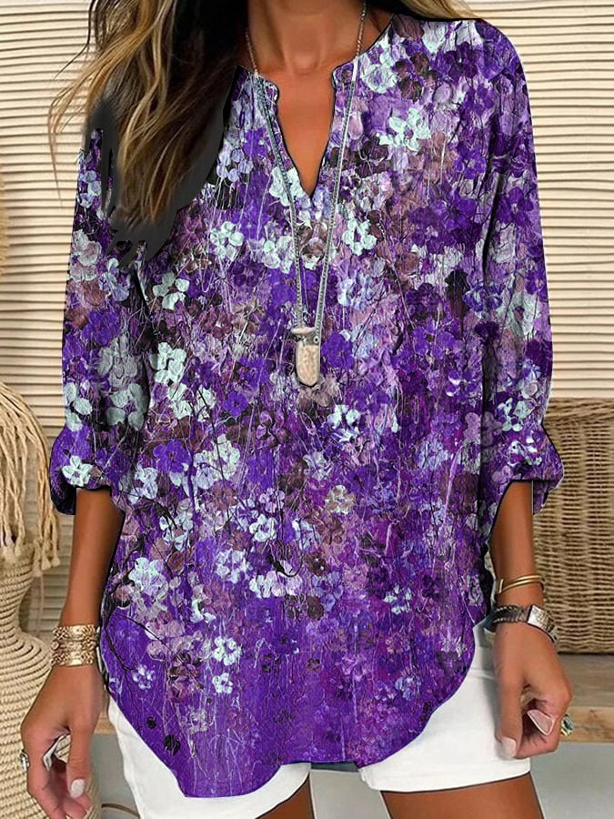 Women's Casual Retro Purple Art Cotton And Linen Shirt
