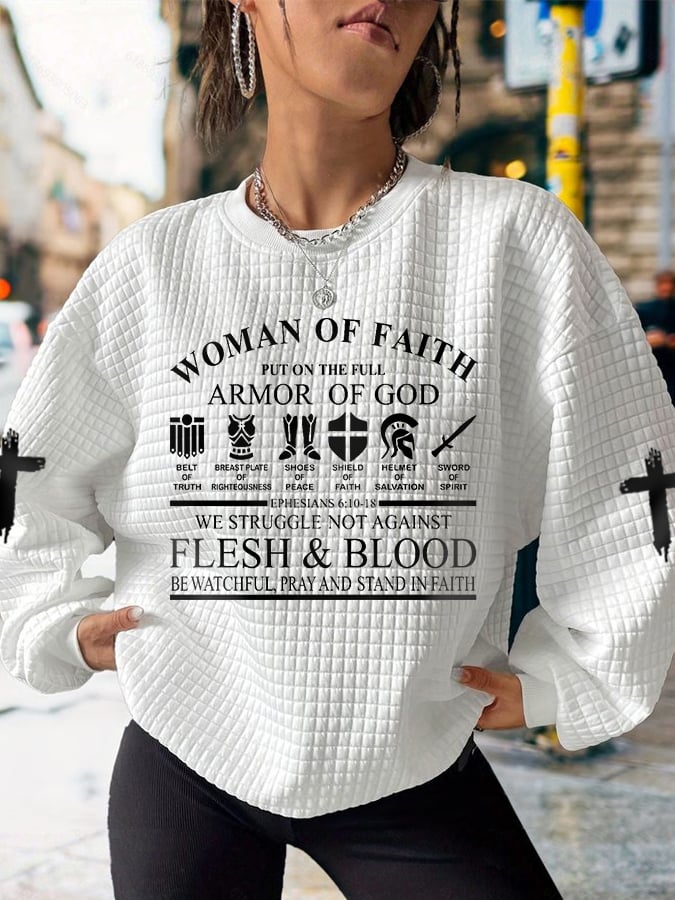 Woman Of Faith Put On The Full Armor Of God Casual Waffle Sweatshirt