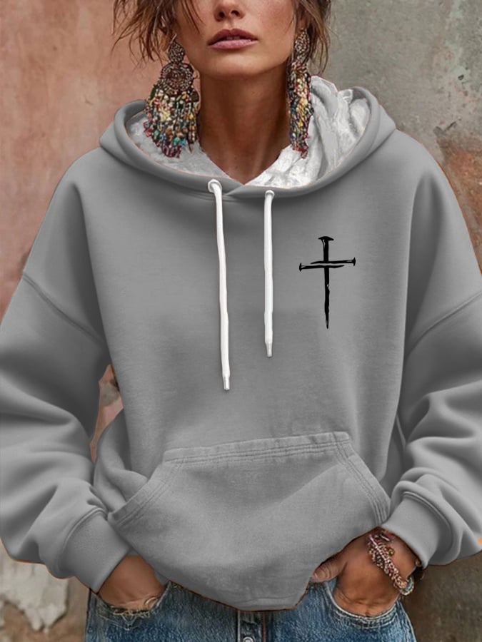 Women's Retro Faith Cross Print Casual Hooded Sweatshirt
