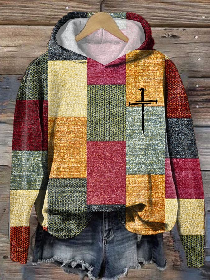 Women's Casual Autumn And Winter Retro Color Block Contrast Faith Hoodie