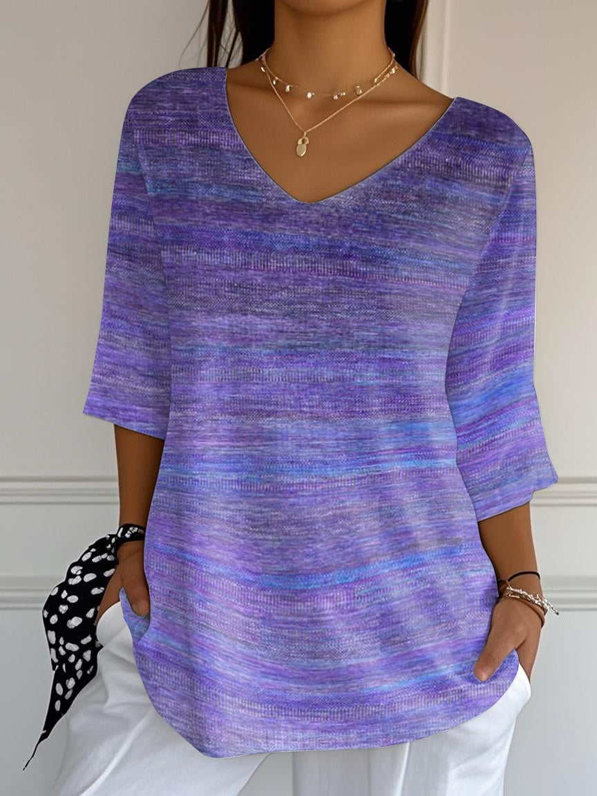 Women's Purple Gradient Stripe Print V-Neck Long Ribbed Top
