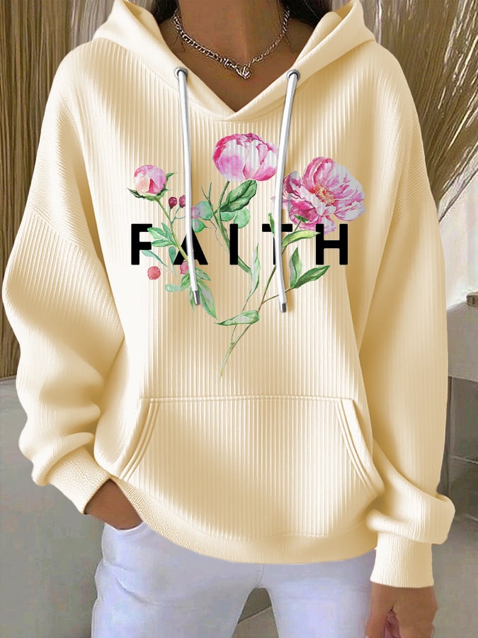 Women's Casual Floral Faith Textured Hoodie