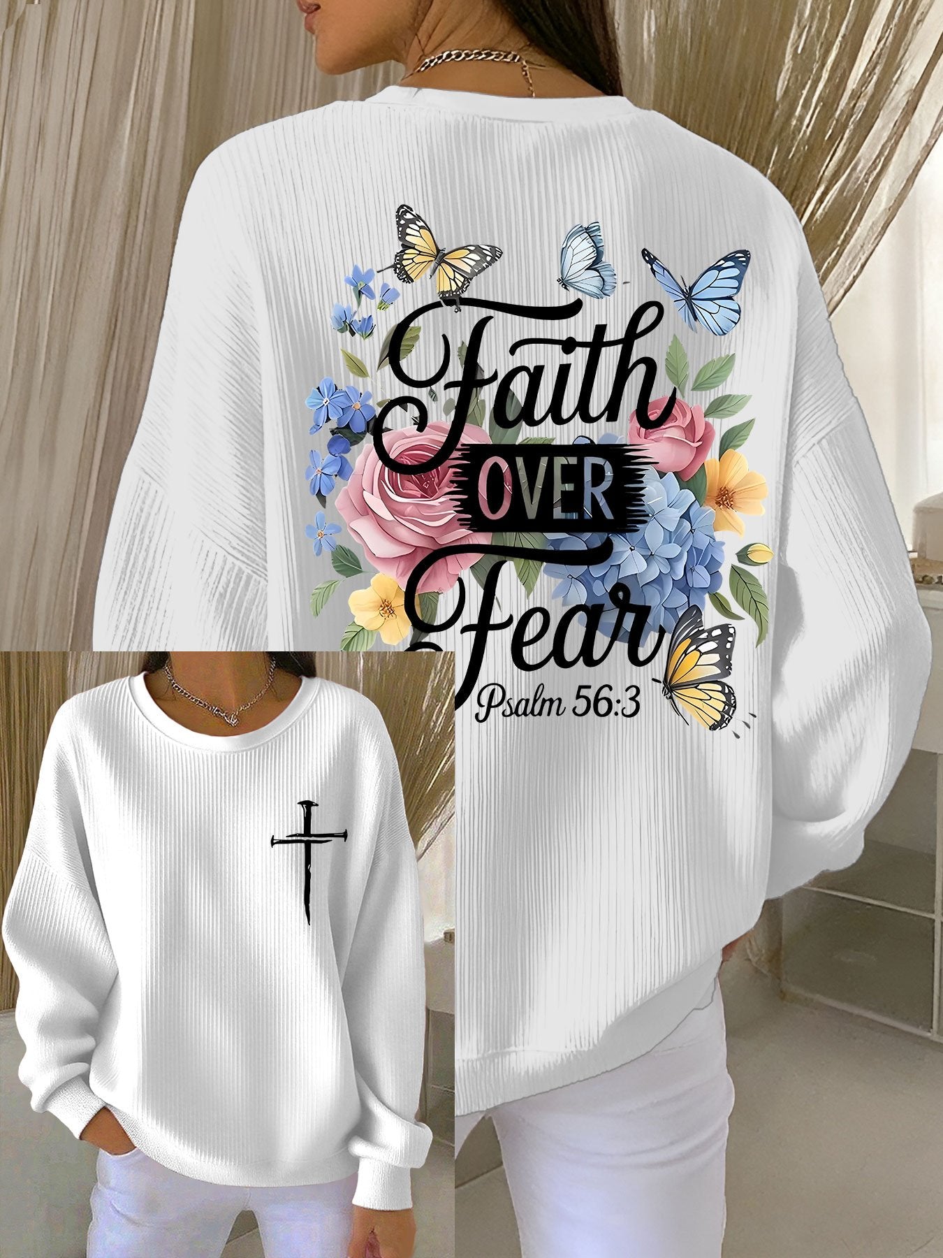 Women's Faith Over Fear Printed Crew Neck Long Sleeve Top