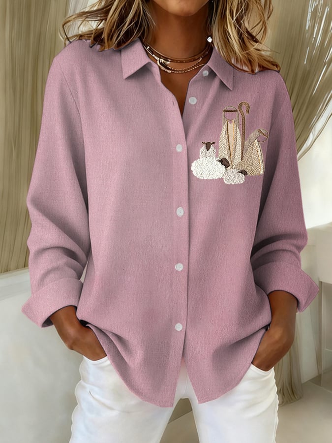 Women's Nativity Print Casual Linen Shirt