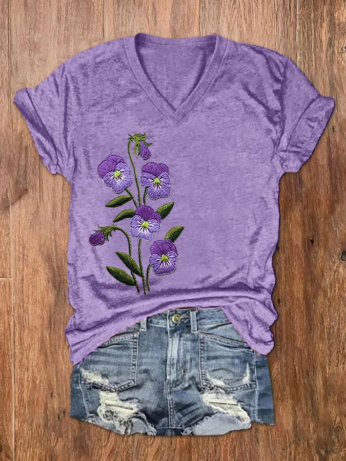 Women's Purple Flower Alzheimer's Awareness Support Printed V-Neck Tee