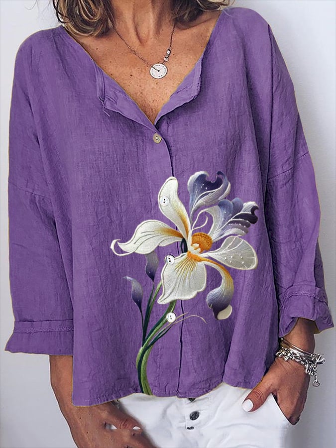 Women's Purple Floral Print Casual Cotton And Linen Top