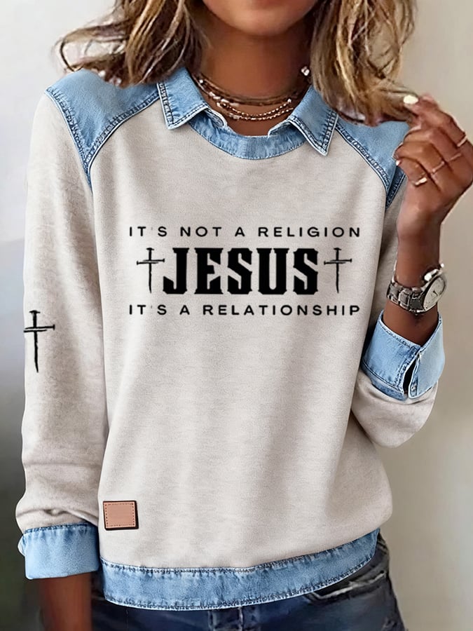 Women's Casual Faith Print Lapel Long Sleeve Top