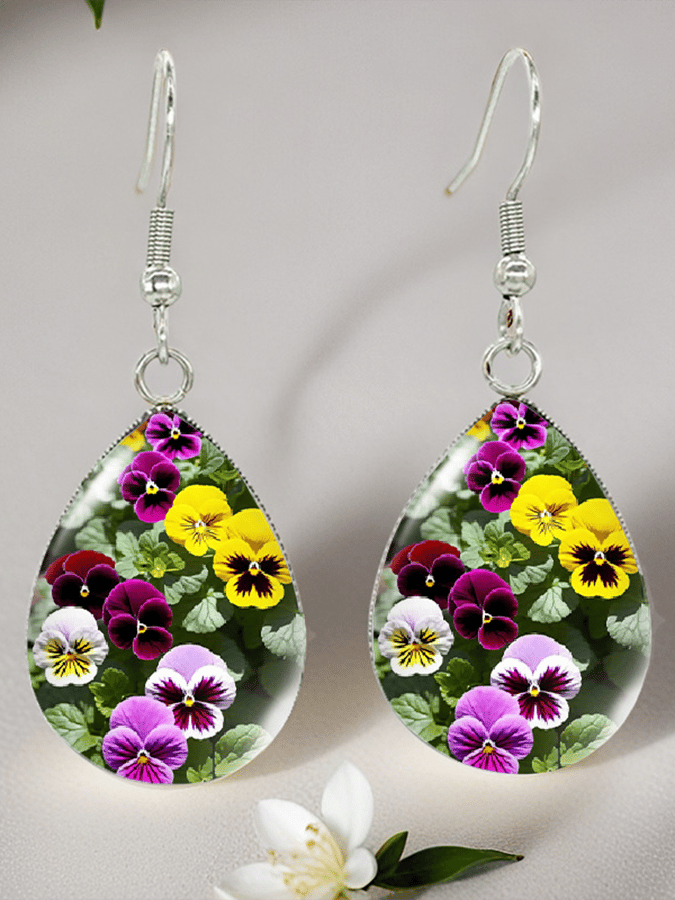 Purple Drop-Shaped Pansy Flower Design Earrings