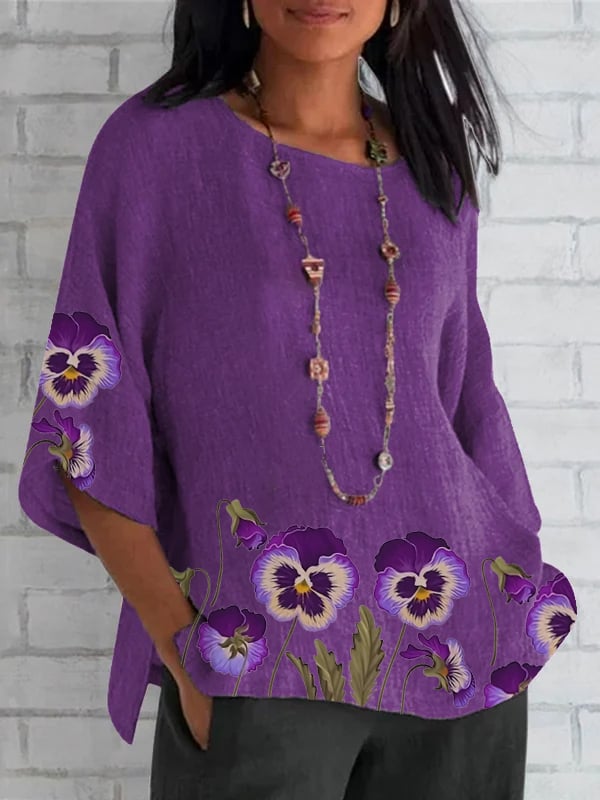 Women's Round Neck Purple Floral Print Round Neck Loose Shirt