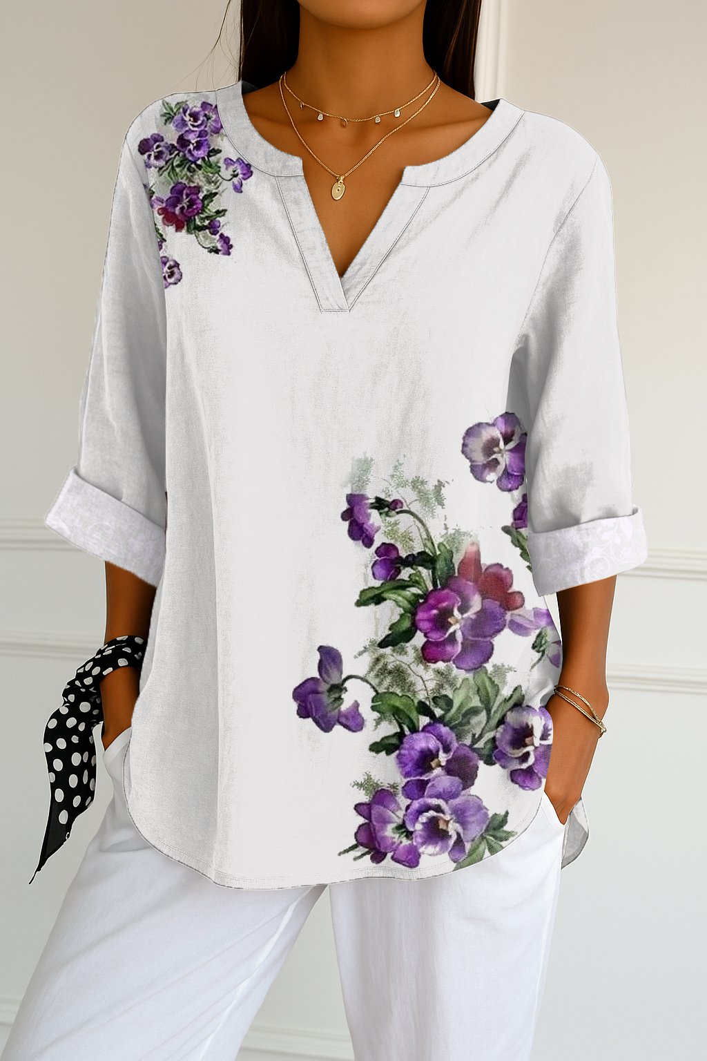 Women's Purple Faux Embroidery Printed Shirt