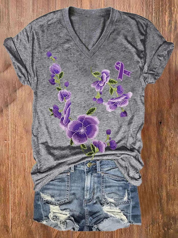Women's Purple Alzheimer Awareness Flowers Print T-shirt
