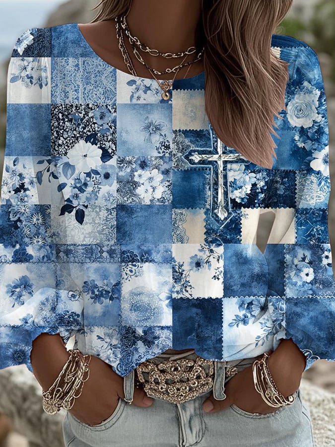 Women's Floral Faith Art Print Round Neck Long Sleeve Shirt