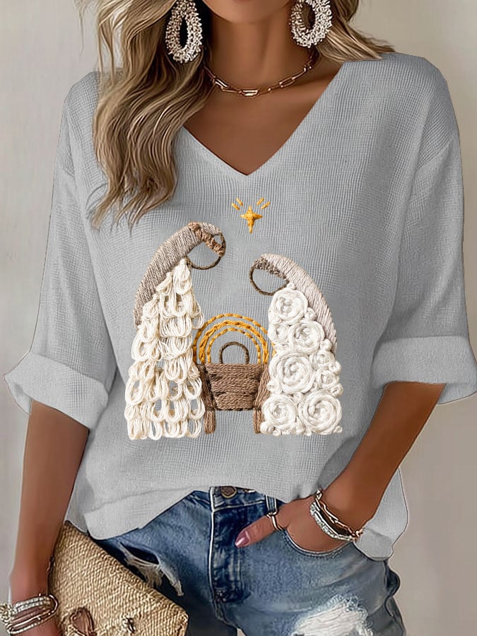 Women's Nativity Print V Neck T-shirt