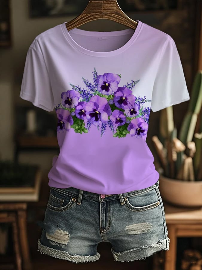 Women's Alzheimer's Awareness Floral Design Printed Crew Neck T-Shirt