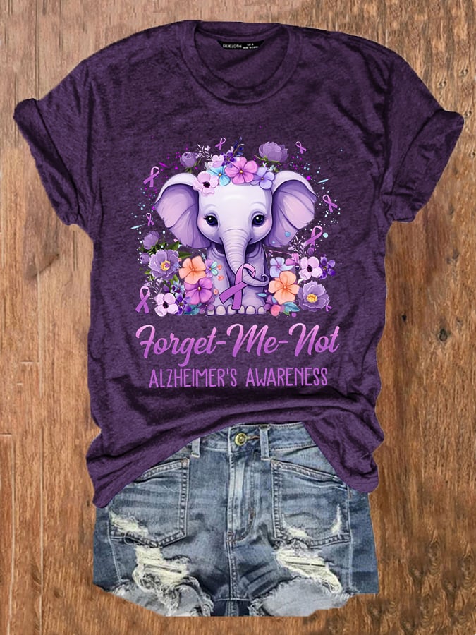 Women's Forget Me Not Alzheimer's Awareness Elephant Flower  Print T-Shirt